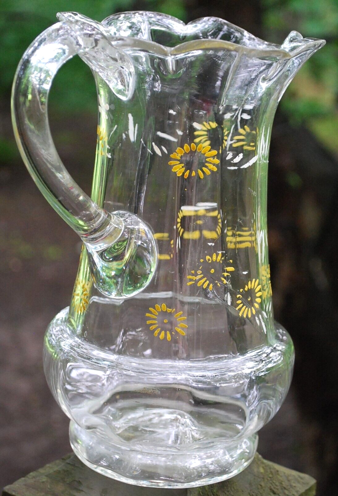 Antique Victorian PITCHER Clear Optic Glass FLORAL ENAMELED DAISIES Petal Rim