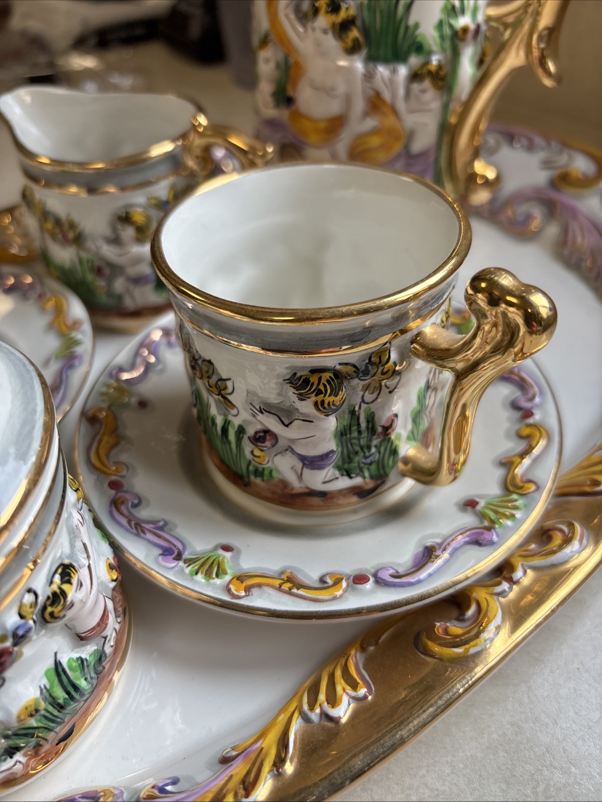 Vintage Elpa Alcobaca Cherubs Porcelain 2 Person Coffee/Tea Set & Tray Portugal