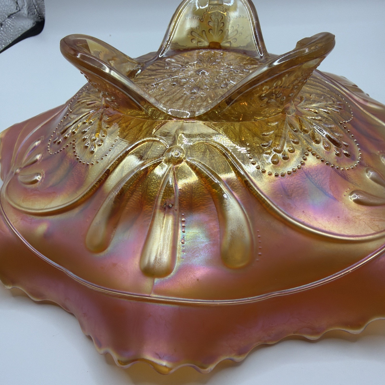 Northwood Pumpkin Marigold Sunflower Spatula Ftd Carnival Glass Bowl 9”
