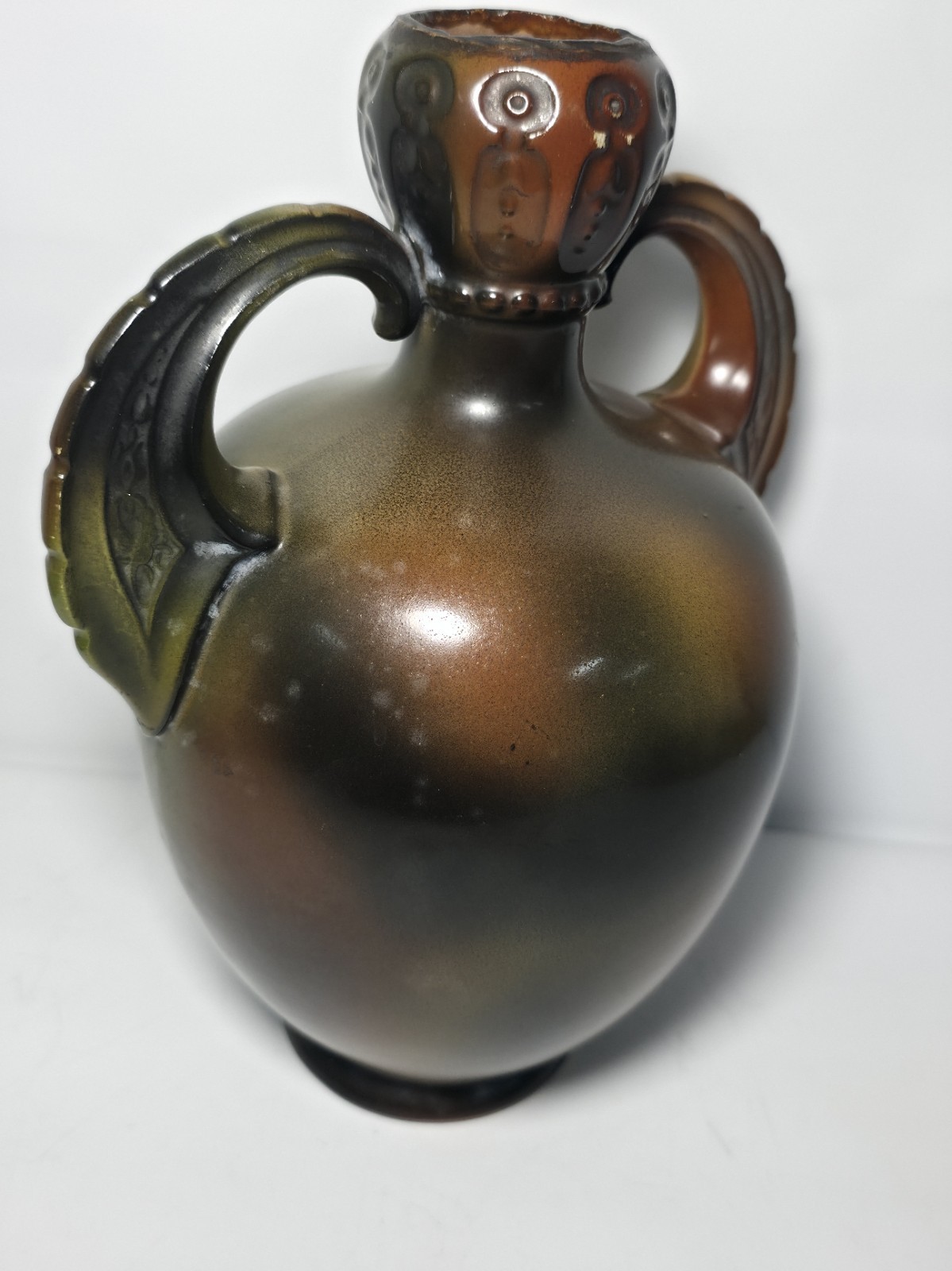 Antique Decorated Porcelain Dual Handle Pitcher Signed w/ Griffin El Unico Logo