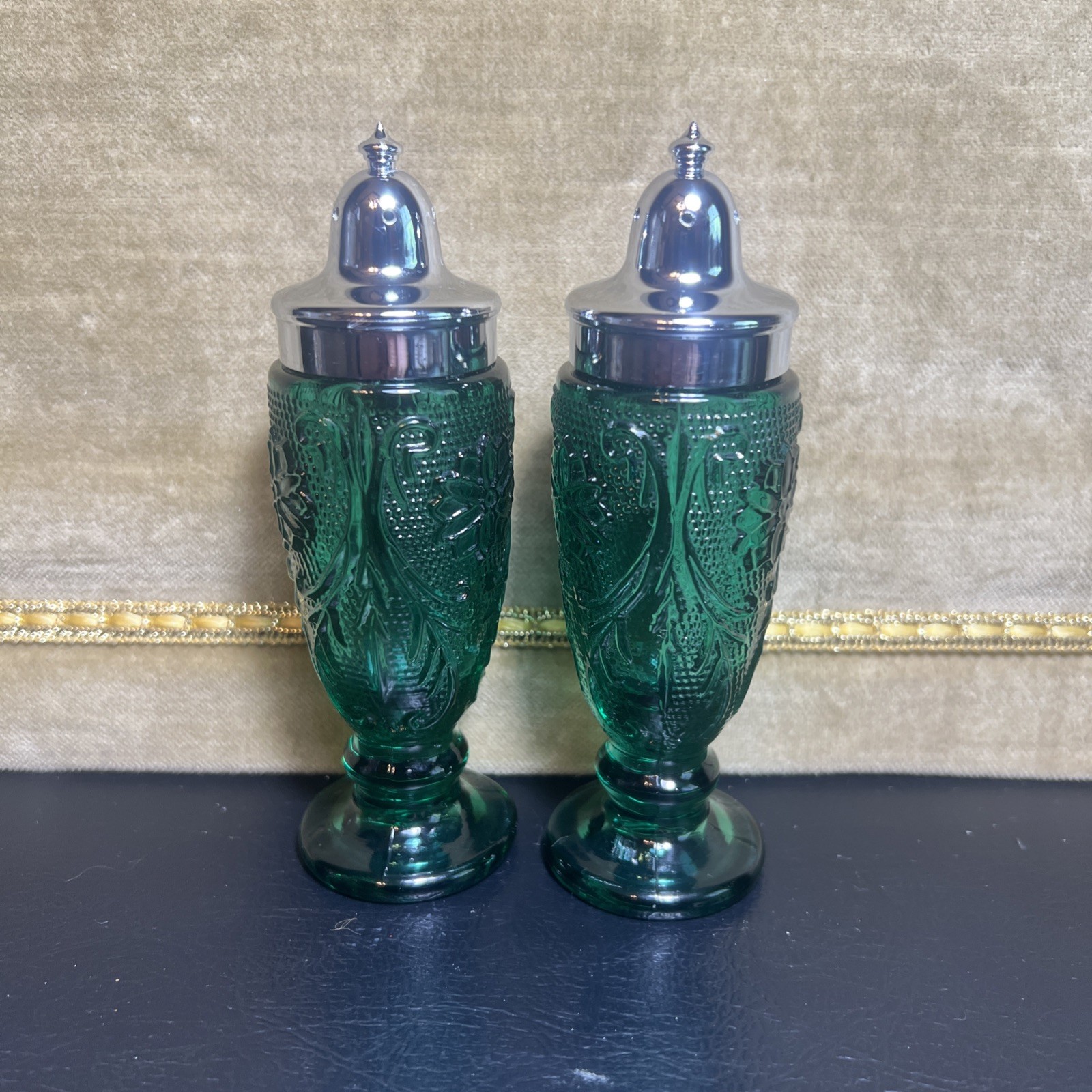 Indiana Glass Tiara Sandwich Pattern Spruce Green Vtg Salt Pepper Shaker Set