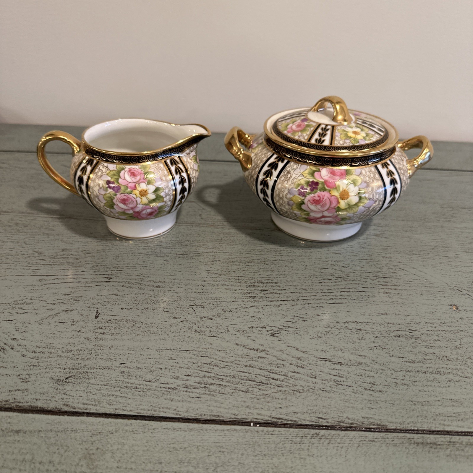 Antique Japan NIPPON Hand Painted Gold Creamer and Sugar Bowl W/ Lid
