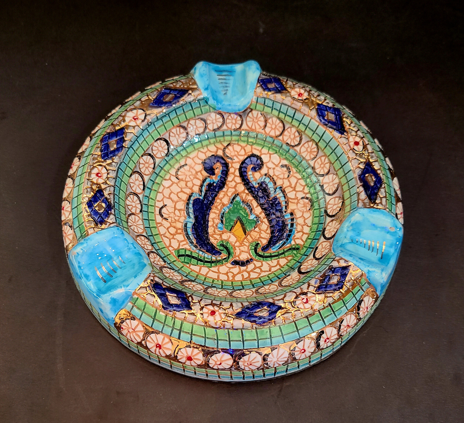 VTG Taormina Ashtray Majolica Mosaic Style Green Blue Gold EUC Rare Find-Italy