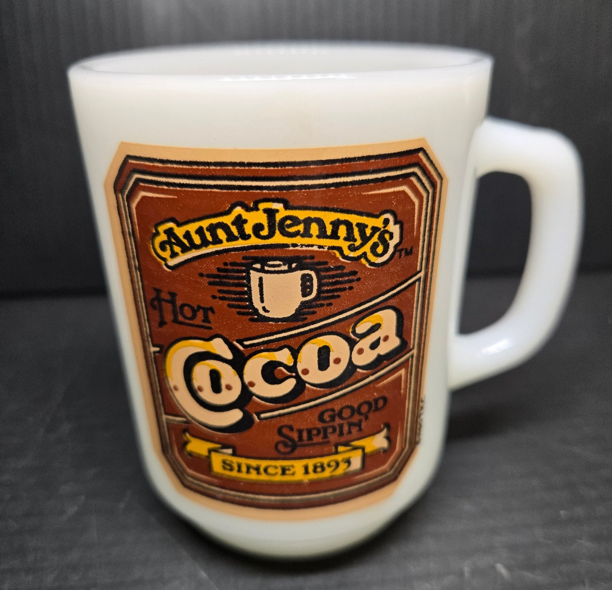 Set of 3 Vintage 1980s Anchor Hocking Aunt Jenny’s Cocoa & Tea Milk Glass Mugs