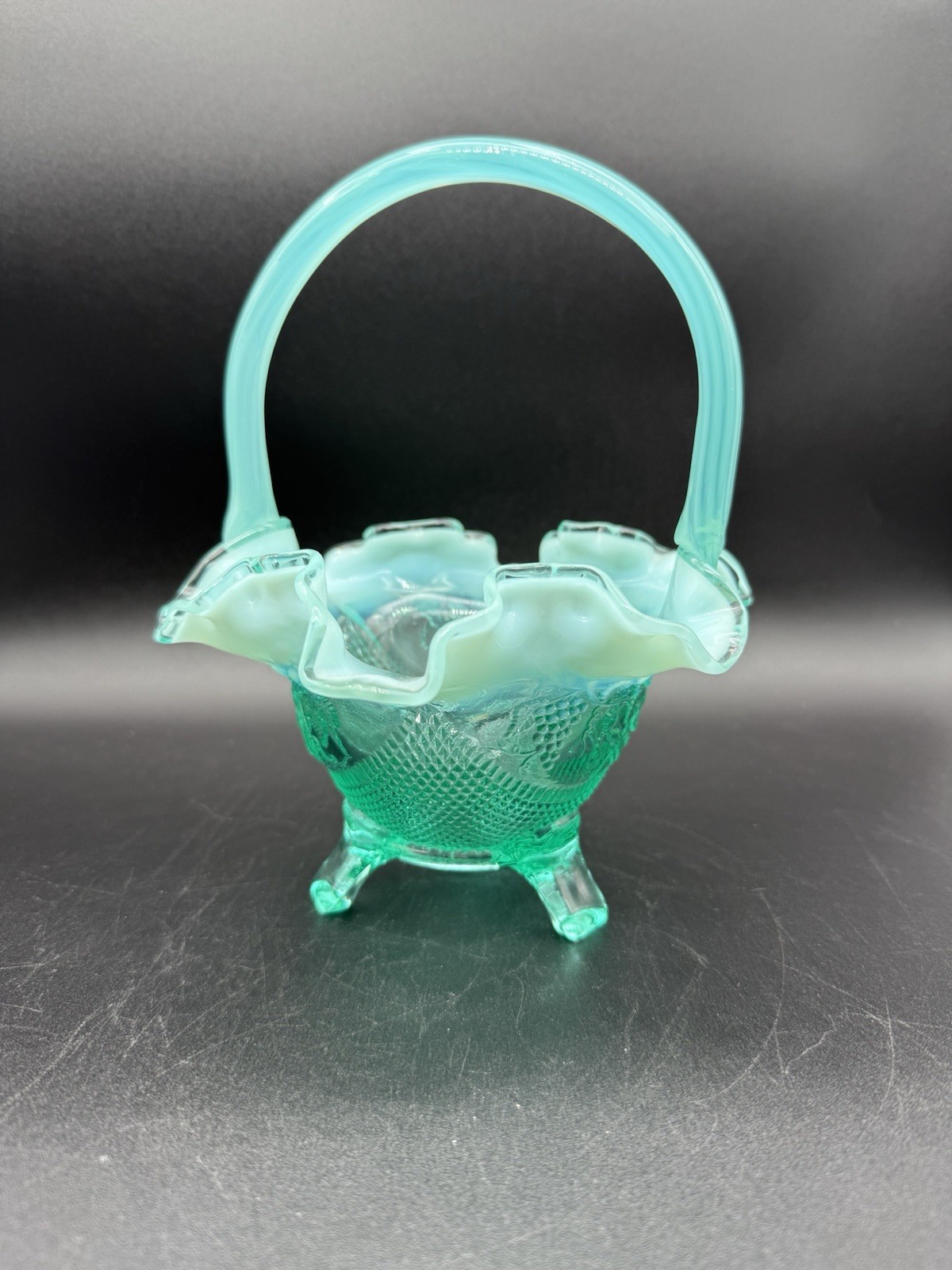 Fenton Three Toed Footed Basket Dish Bowl Aqua Blue Opalescent Grapevines