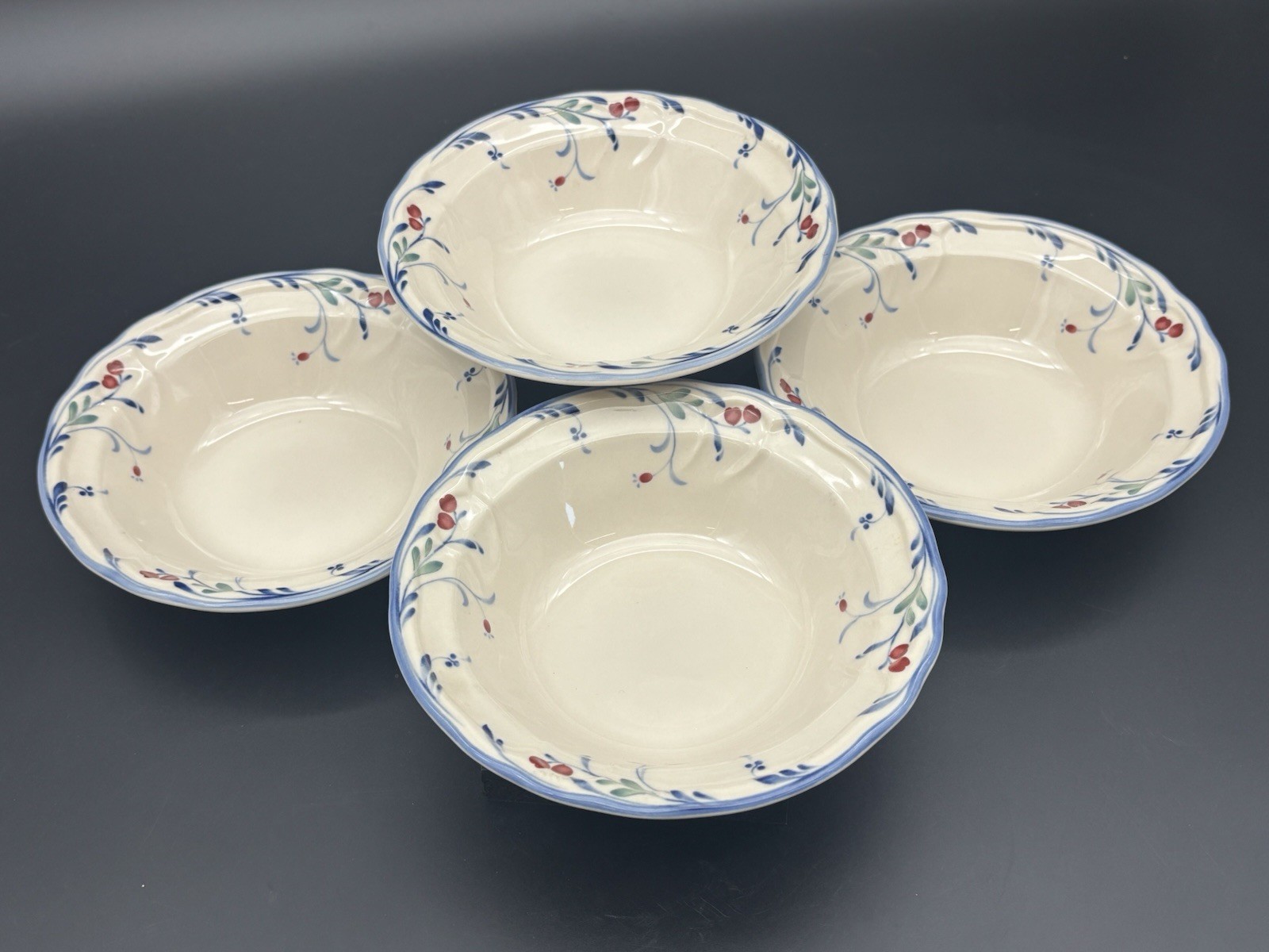 4 Epoch Berry Grove Rimmed Soup Bowls VTG Red Berries Blue Scalloped Discontinue