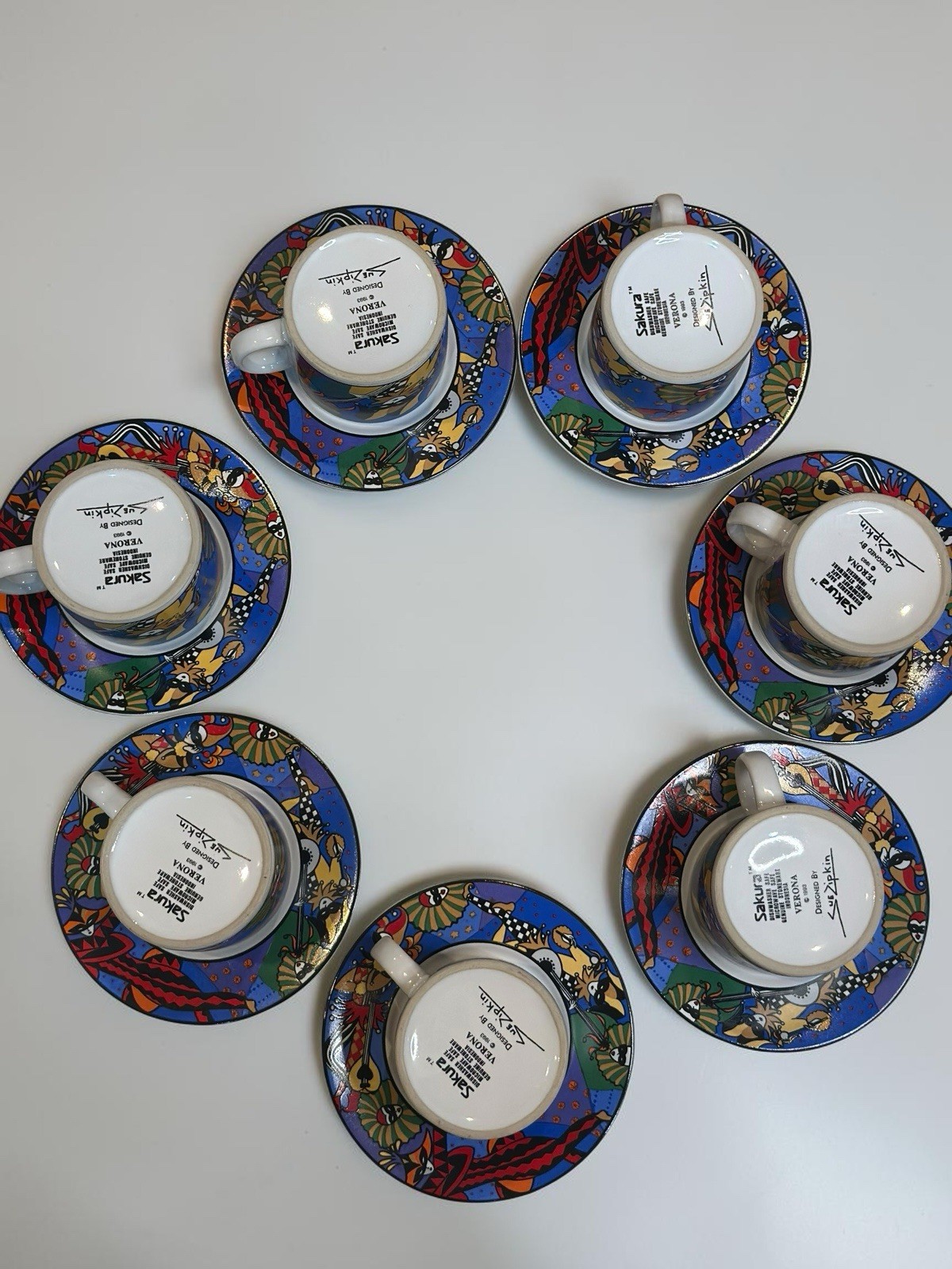 Sakura Verona 1993 Sue Zipkin Demitasse Espresso Cup Saucer Set 7 Vintage