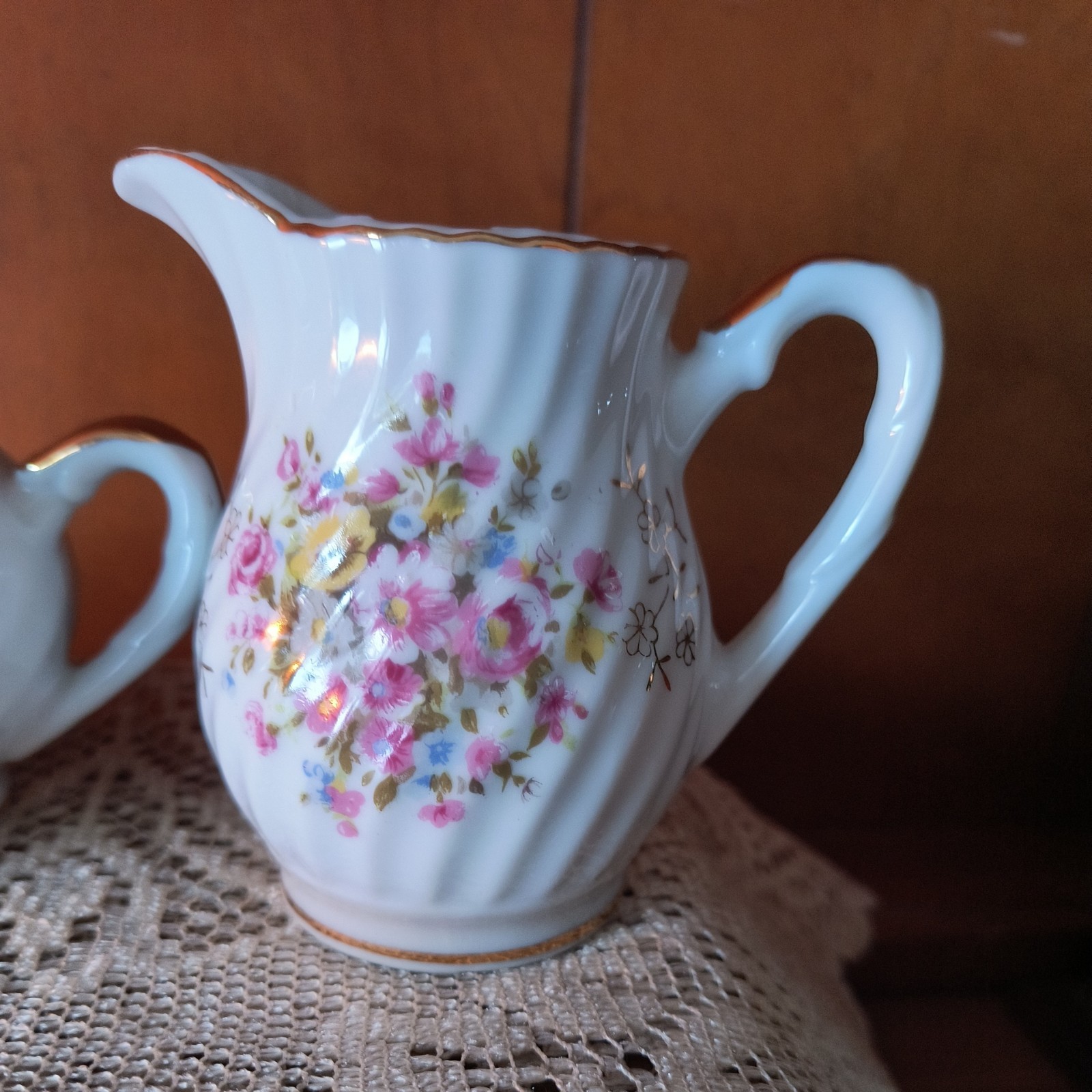 Vintage Pink Floral Porcelain Lidded Sugar Bowl and Creamer Swirled Cottagecore