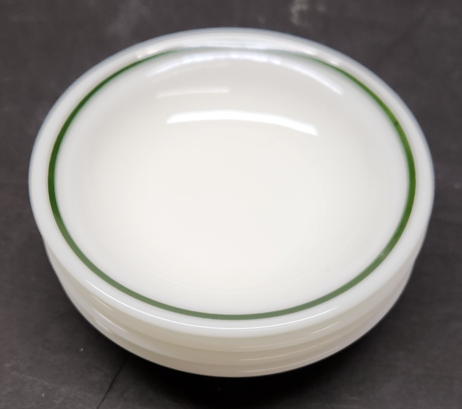 4 Pyrex Double Tough White w/Green Stripe Fruit/Berry Bowls Corning Ware