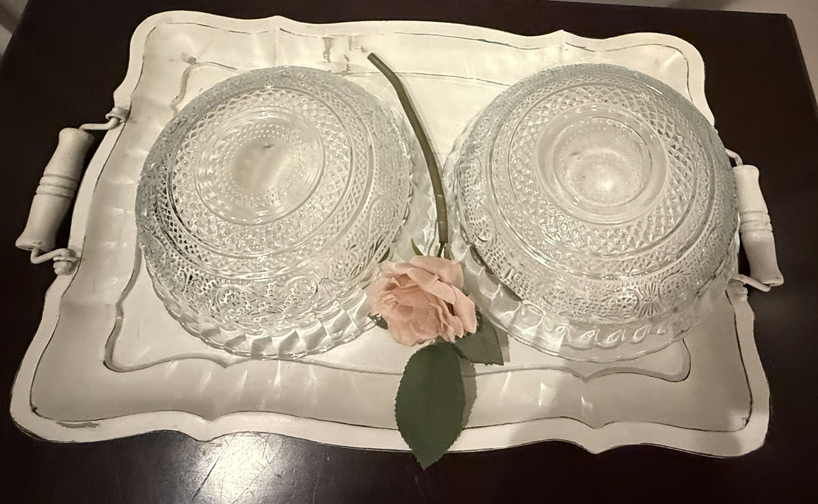 3 Pcs -VINTAGE KIG MALAYSIA Trellis Glass Sandwich; 2 Serving Bowls & 1 Lg Plate