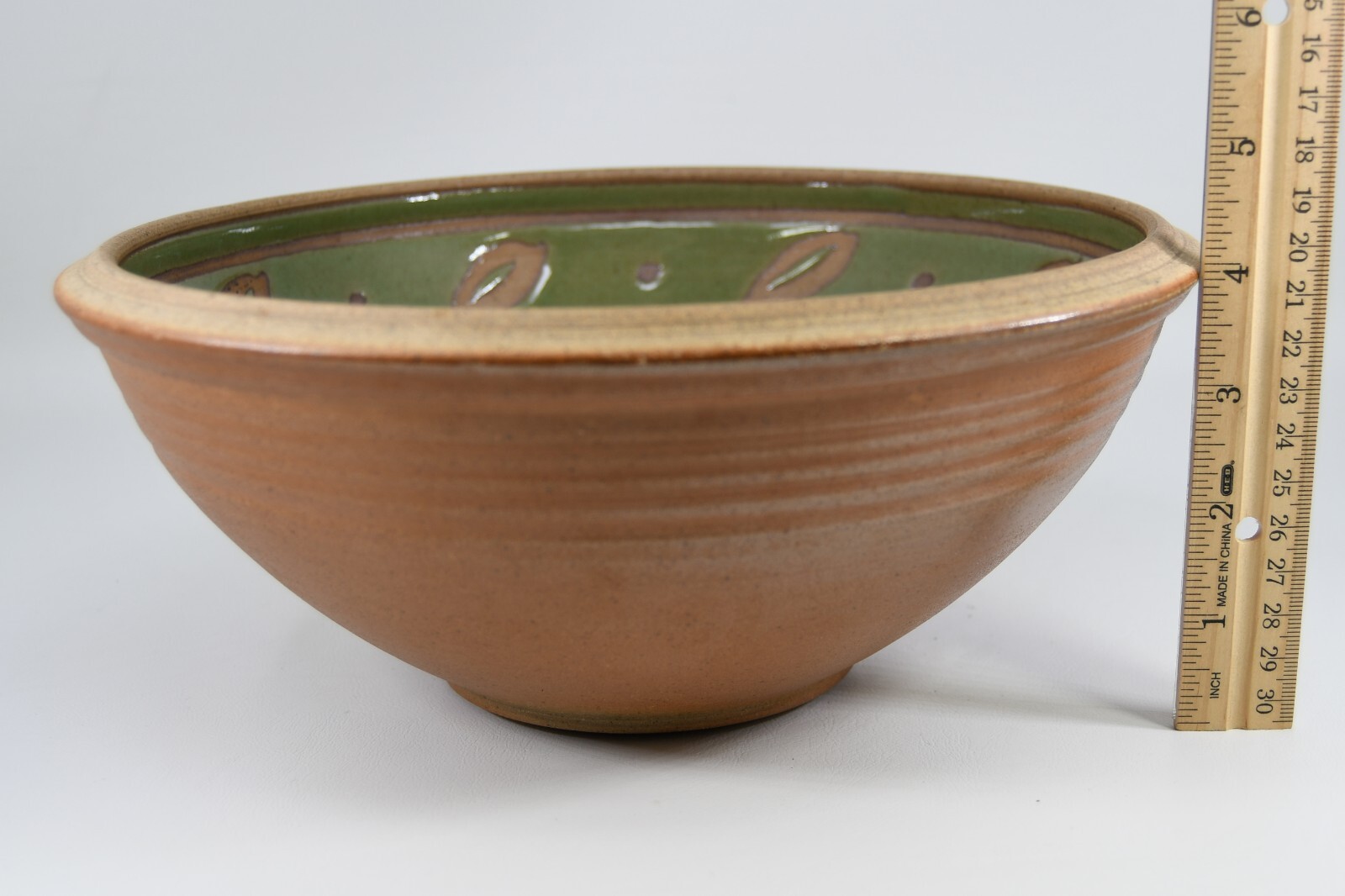 VTG Brieger Studio Art Pottery Serving Display Bowl Incised Leaf Green Natural