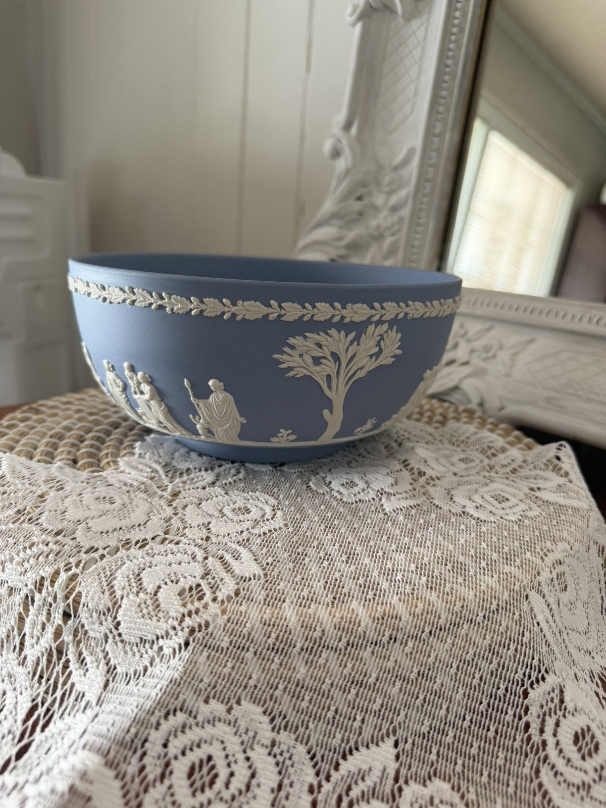 Vintage Wedgwood Blue Jasperware Neoclassical Sacrifice 8″ Bowl -Made in England