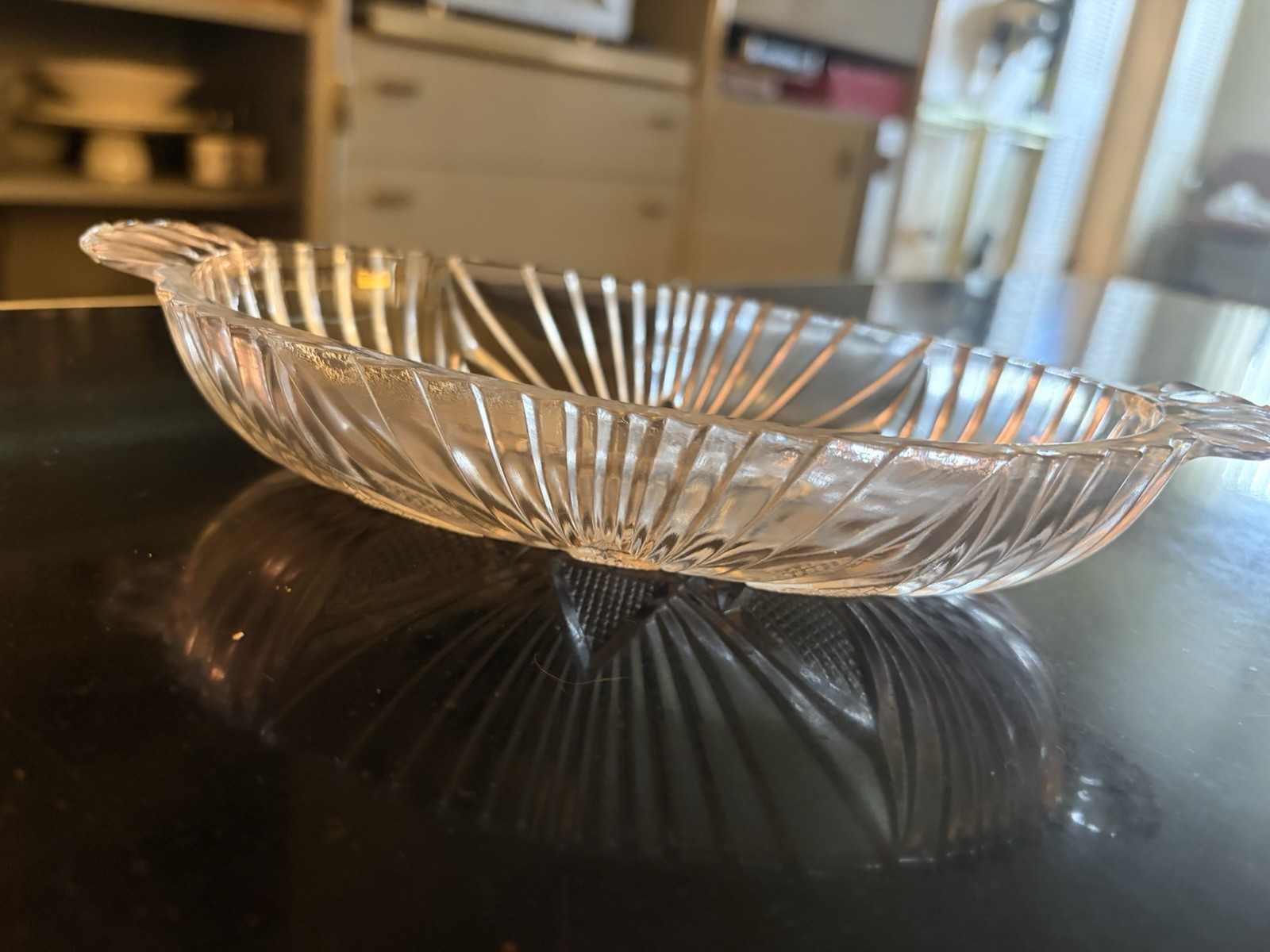 Clear Pressed Glass Oval Relish Dish w/ Handles, Starburst Pattern