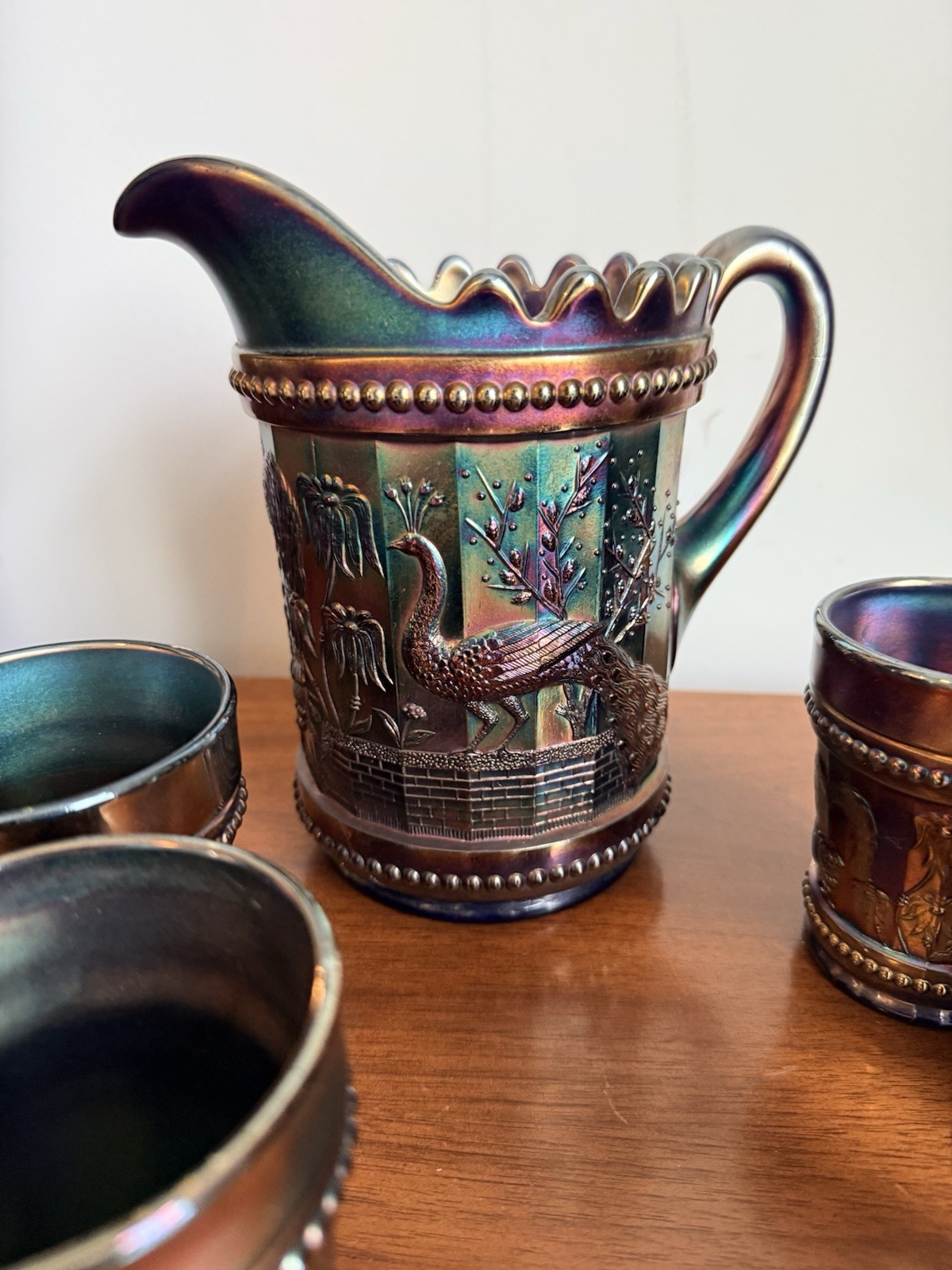 Antique Northwood Carnival Glass Peacock At The Fountain Pitcher & Tumblers Set