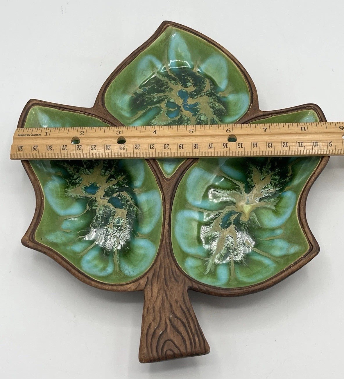 Vtg Treasure Craft Divided Section Leaf Dish Candy Trinket Green Teal Drip Glaze