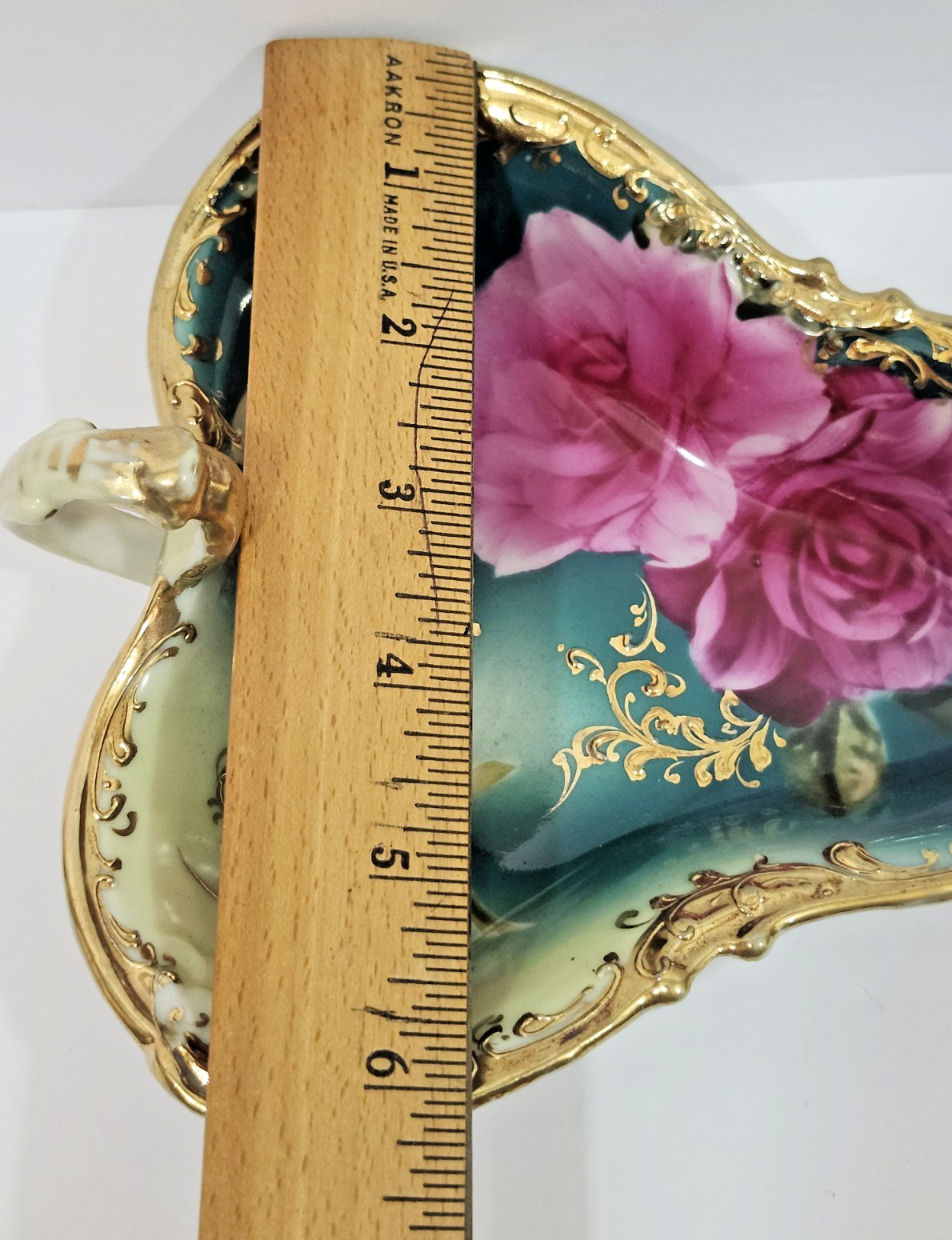Antique Nippon Hand Painted Roses Nappy Candy Dish Lemon Server Teal Pink Gold