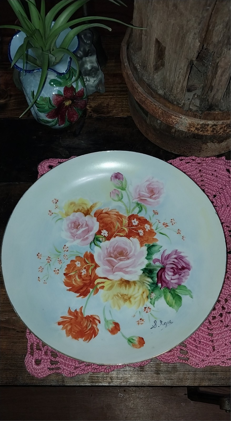 Vintage Pair 9 1/4” Hand Painted Roses Floral Signed Dinner Plates Wall Hanging