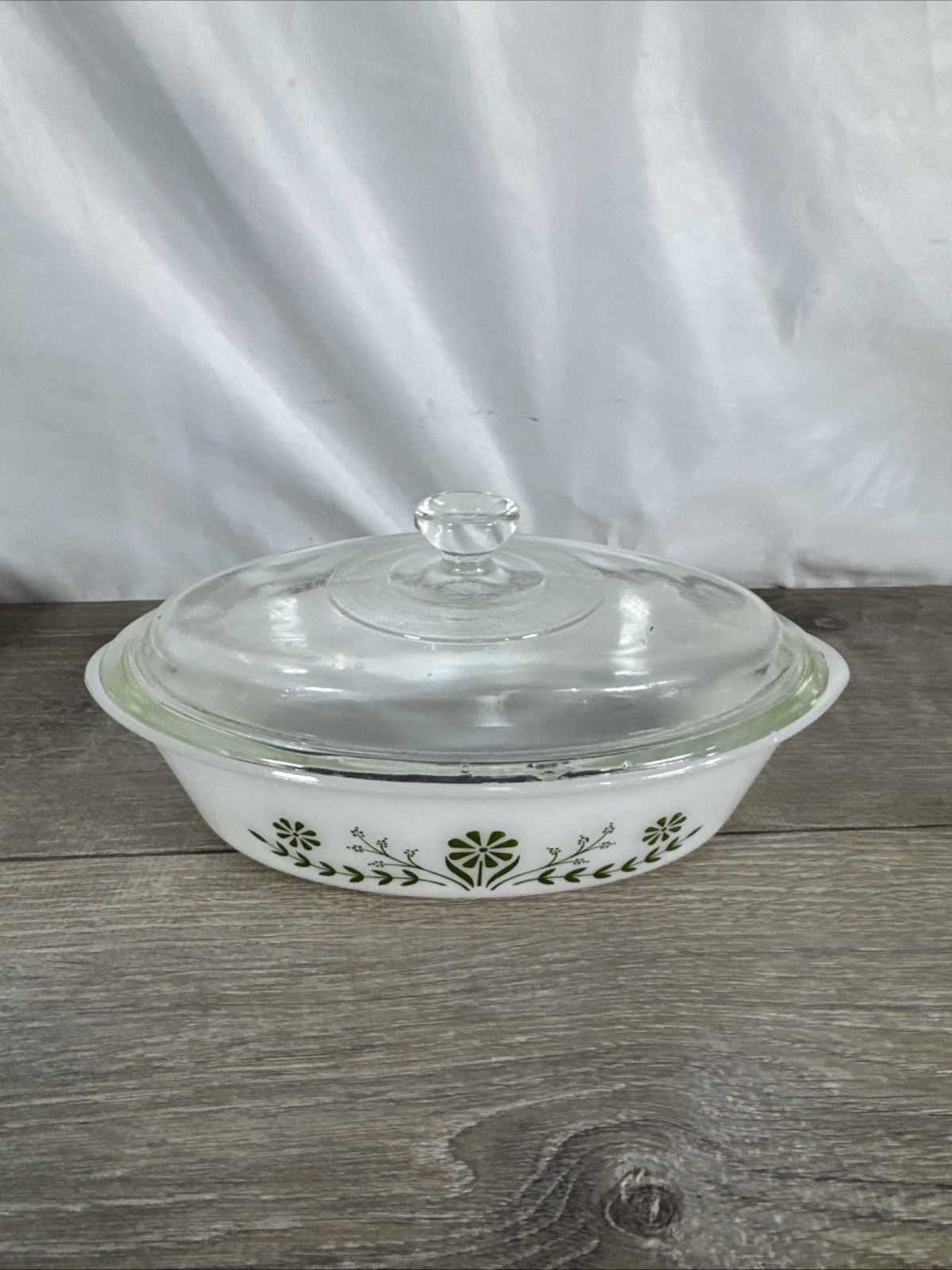 Vintage Glasbake J235 1QT Casserole Dish Green Daisy Milk Glass Oval with Lid