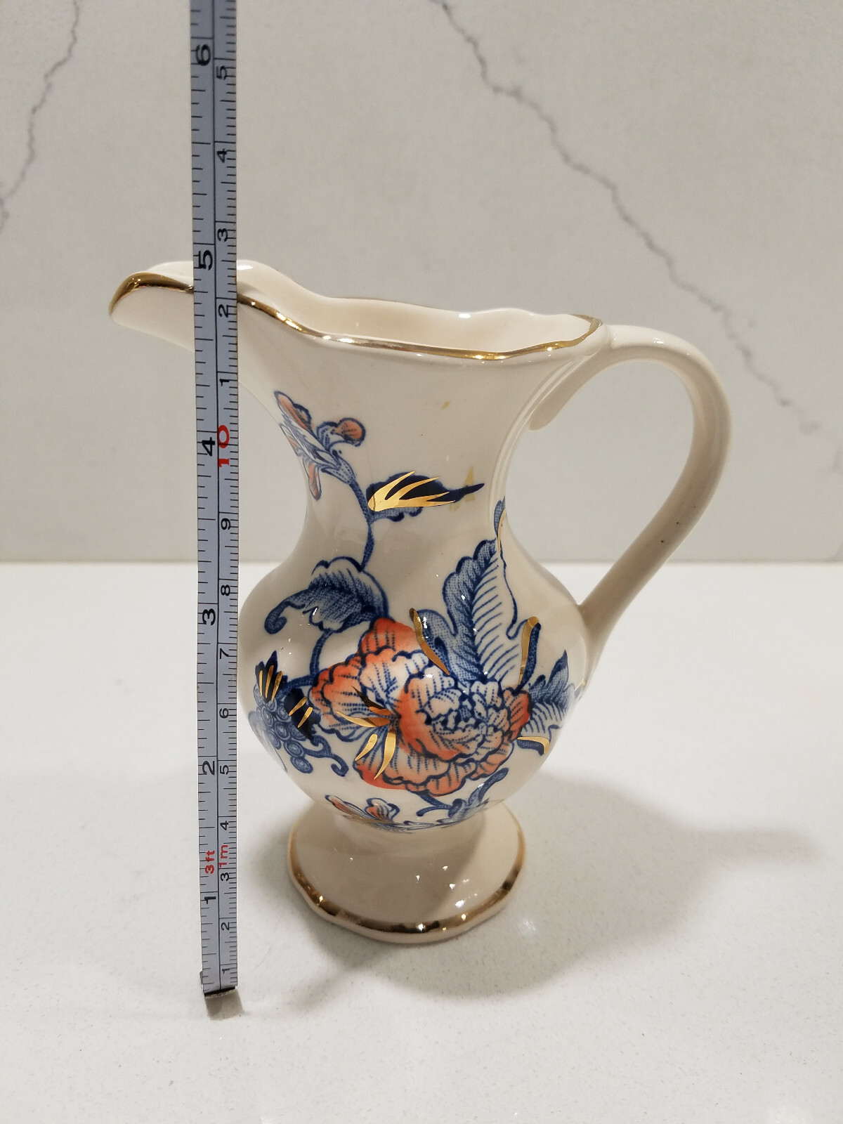 Mason’s England Cathay Pattern: Blue & Rust Flowers, Gold Trim Small Pitcher 5″