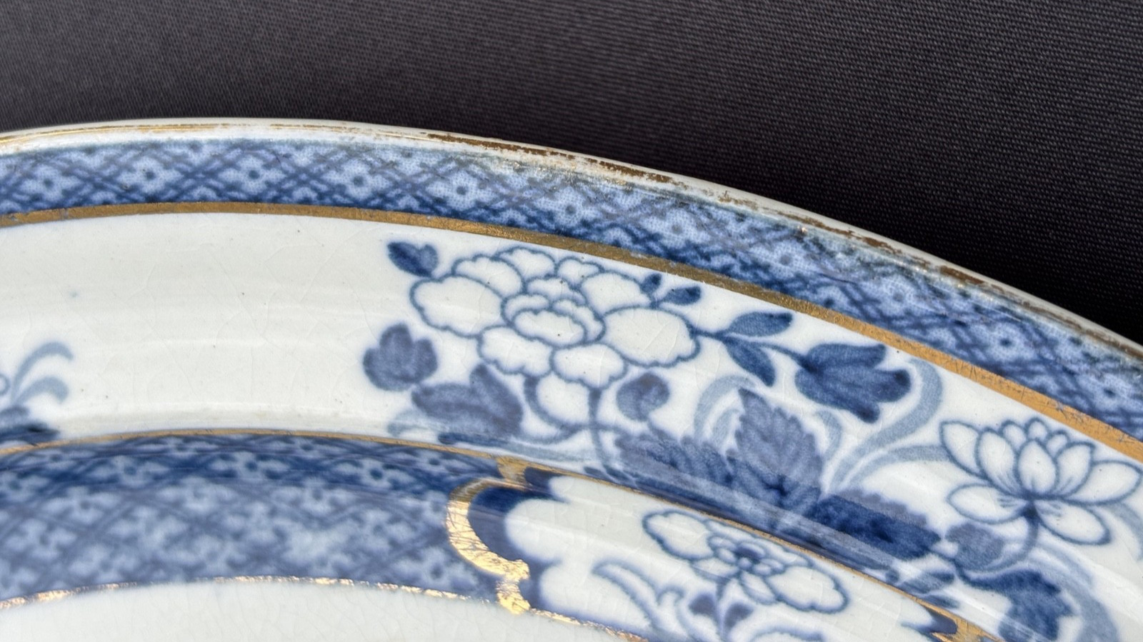 Rare F. Winkle & Co. Ltd England Blue Old Nankin 12″ Oval Platter Gold Trim VGUC