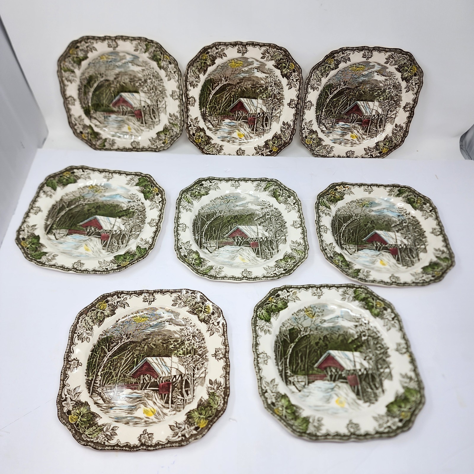 Friendly Village Johnson Brothers Covered Bridge Square Salad Dessert Plates Set