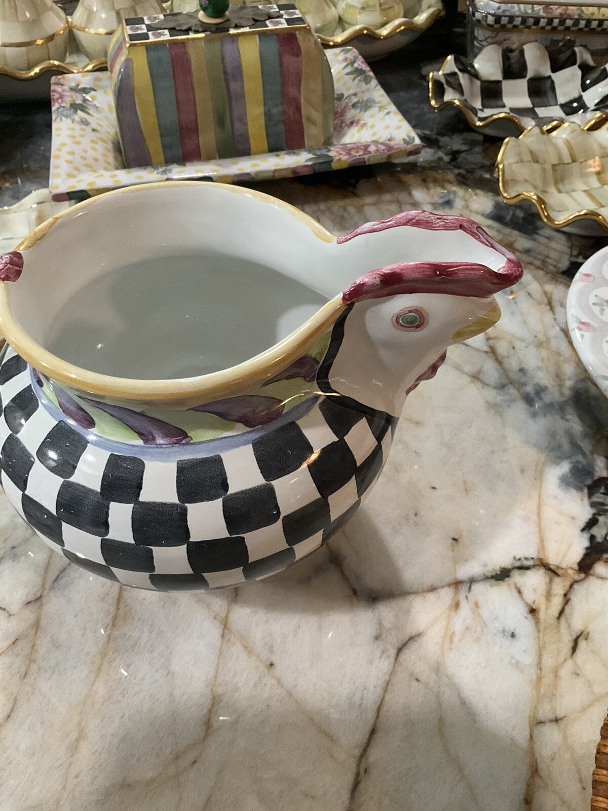 MacKenzie-Childs Piccadilly Chicken Ceramic Pitcher With Courtly Check