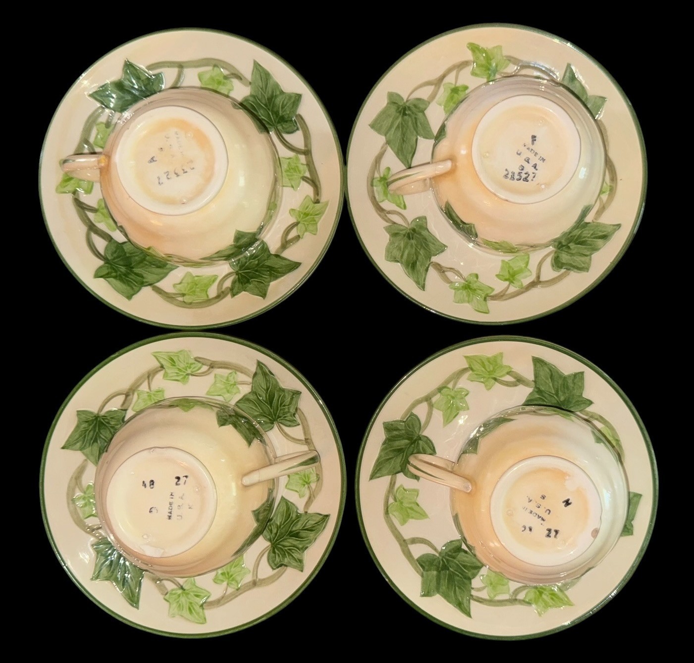 Vtg. Franciscan Ivy China Set of 4 Cups and Saucers w/California Half-Moon Mark