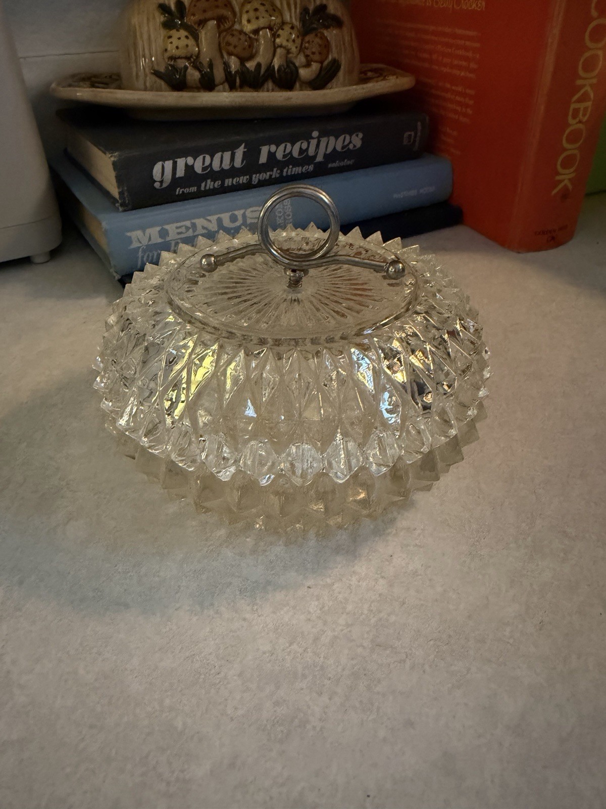 Indiana Glass Diamond Point Candy Dish Powder Trinket Box Lid Chrome Handle