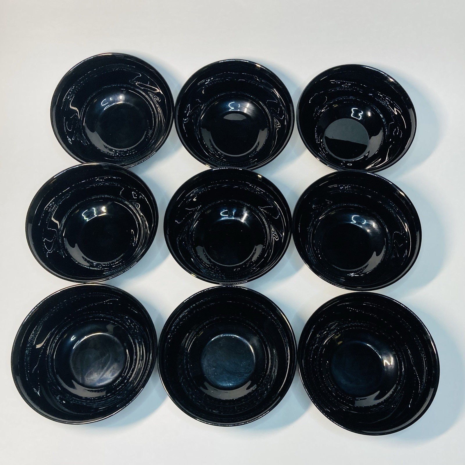 9pc Arcoroc JULIE Berry Fruit Bowl Black Glass France Gold Floral Vintage