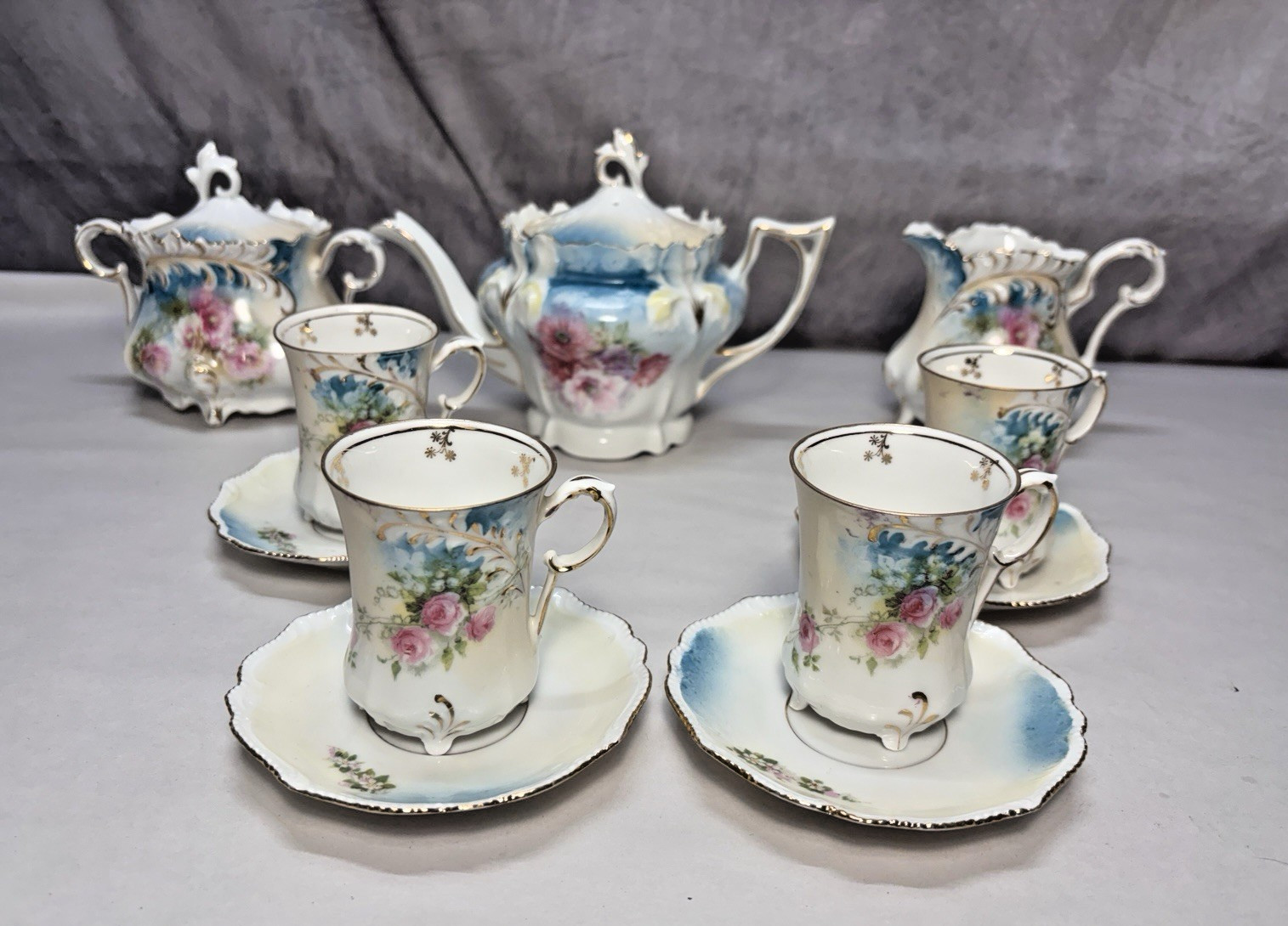 Antique R.S. Prussia Teapot, Sugar Bowl, Creamer, 4 Tea Cups w/Saucers FB-64