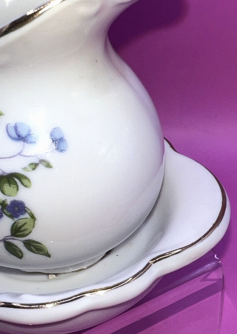Vintage Rice Japan Ports Blue Rose Design Creamer with Drip Plate Kitchen Decor