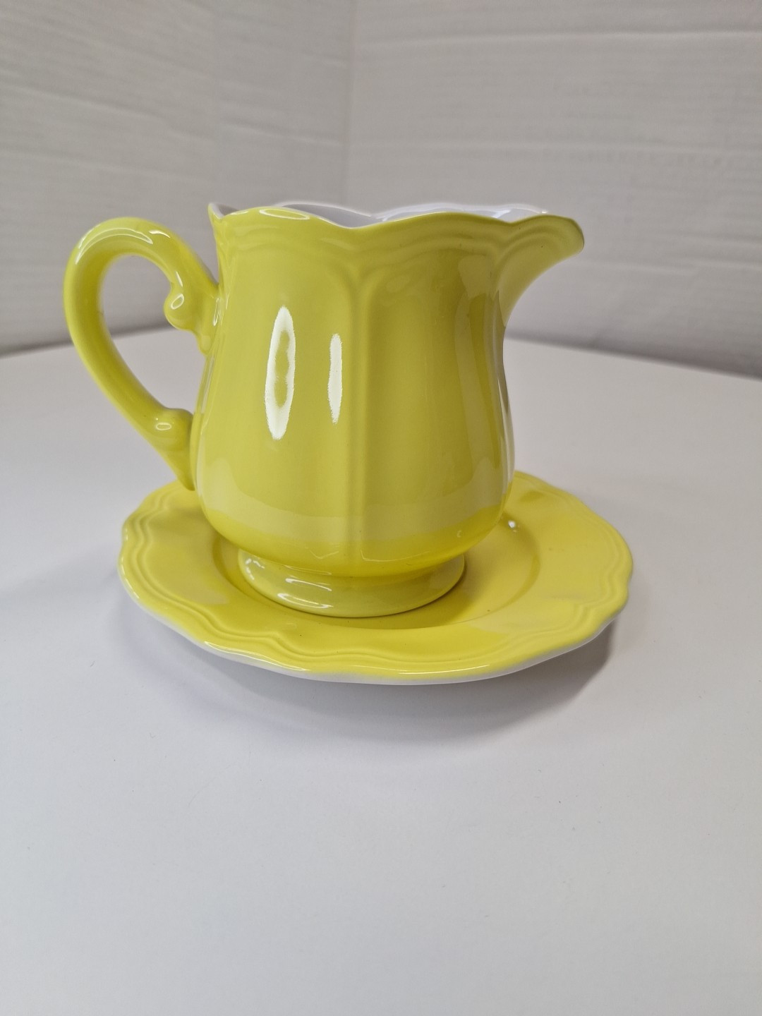 Ironstone Japan Yellow Ceramic Creamer Pitcher w Saucer Plate 4.5″H x 5.5″W