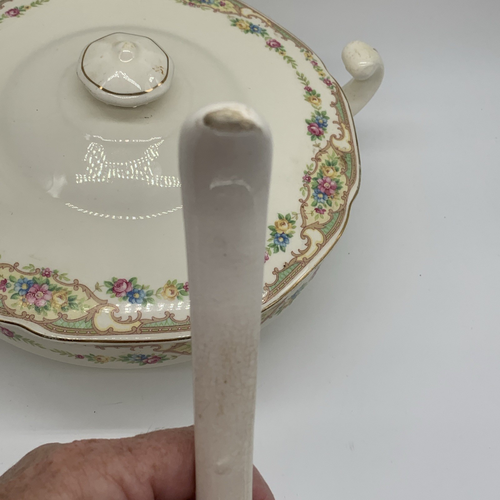 Vintage Ceramic Covered Vegetable Mildred Style, Ladle, Aged Prominent Crazing