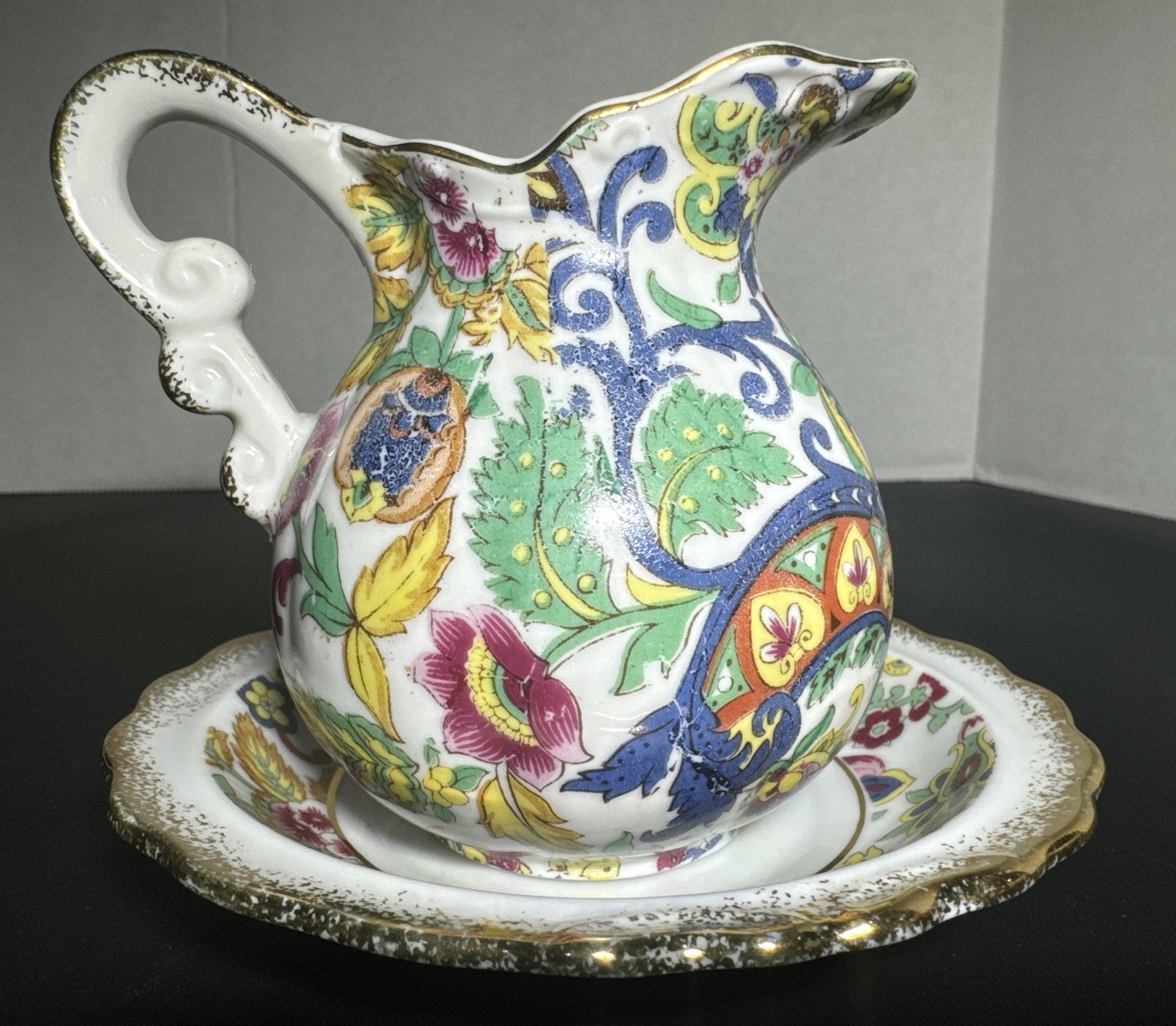 Lefton Vintage China Creamer/Pitcher With Saucer Foil Sticker Flowers Paisley
