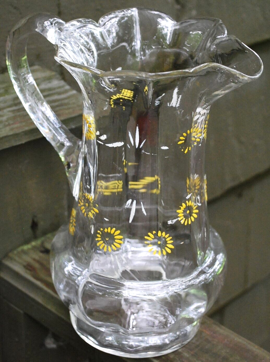 Antique Victorian PITCHER Clear Optic Glass FLORAL ENAMELED DAISIES Petal Rim