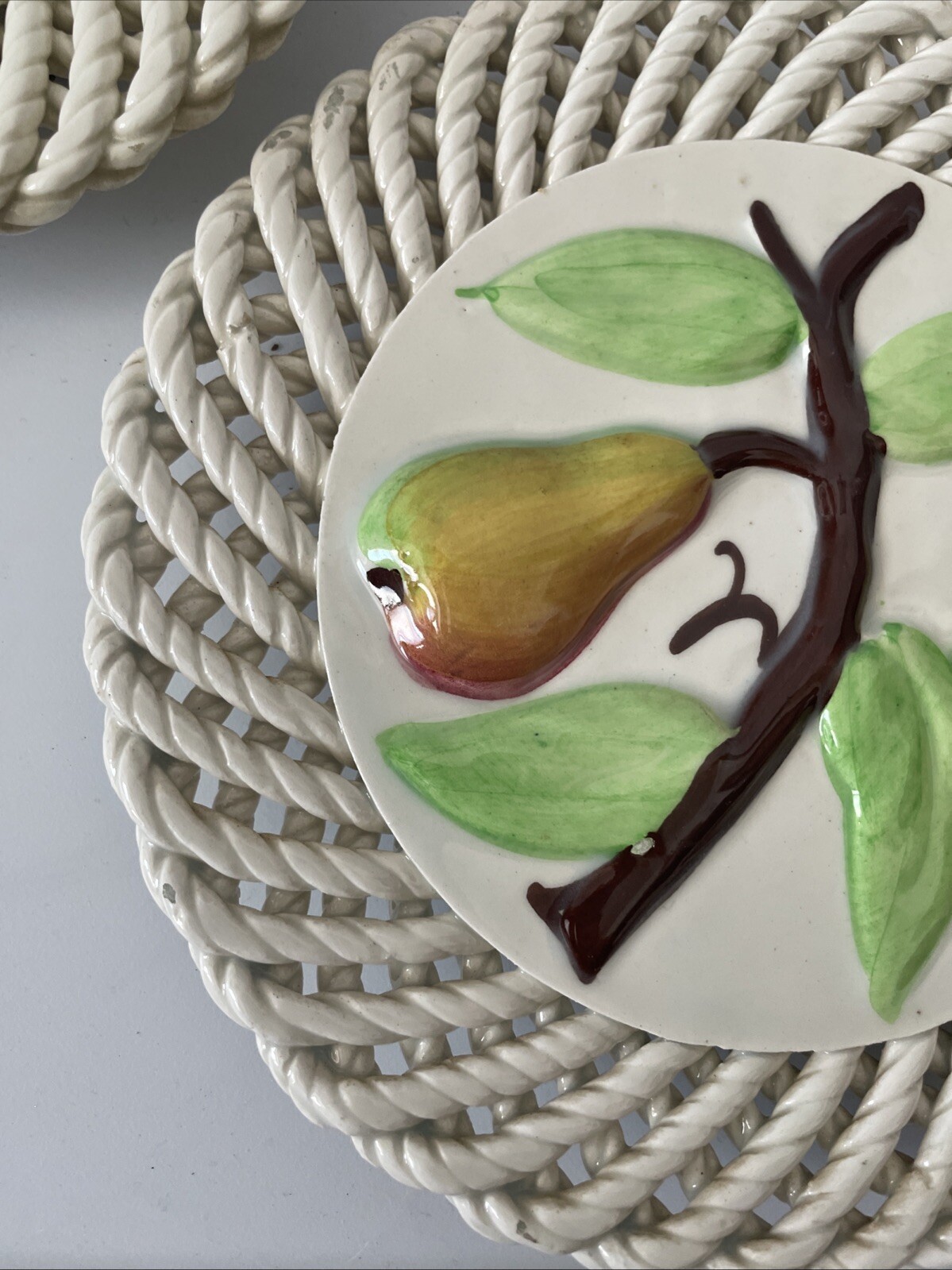 Ceramic Spain Wall Plates Spanish Art 3D Fruit Flowers Lattice Painted Set of 3