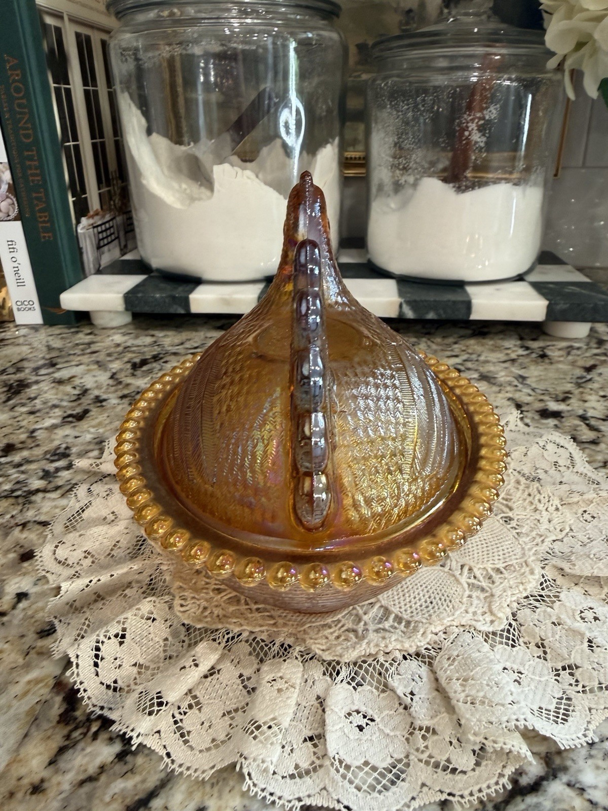 Indiana Glass Amber Carnival Hen On a Nest 7″ Candy Dish