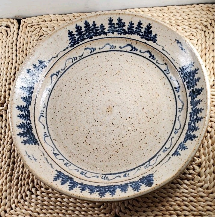 Vtg. Art Pottery Dinner & Salad Plate Tan Speckle w/Cobalt Blue Design 9½” & 5½”