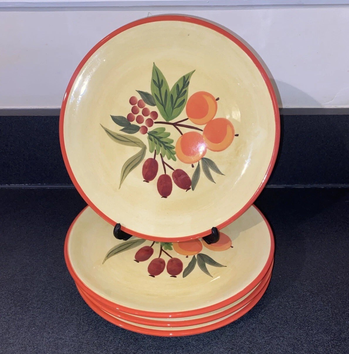 4 Salad Plates 8 in. Crate & Barrell Pomegranate Wreath Holiday