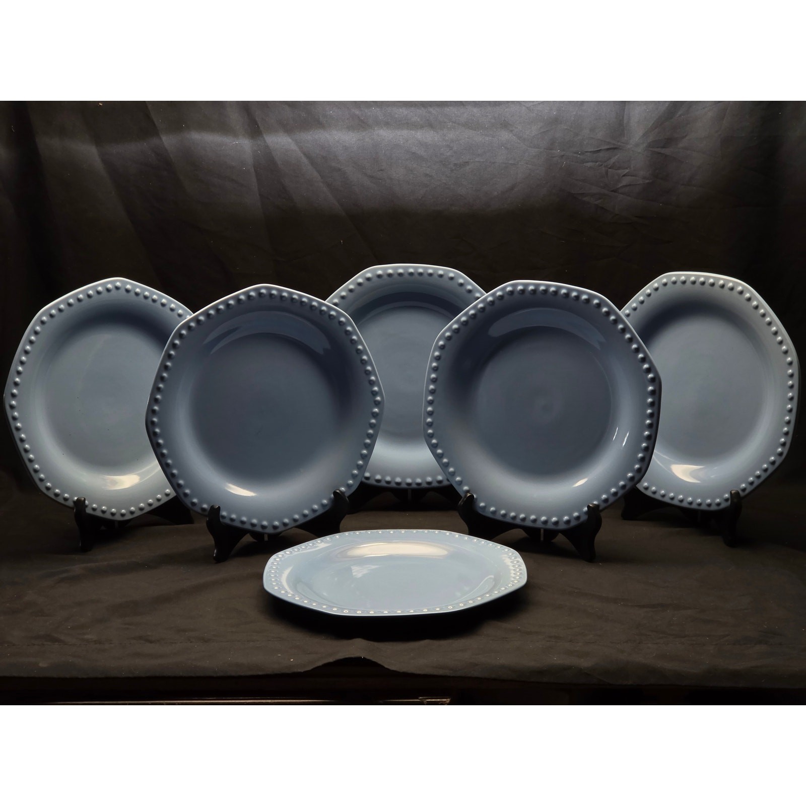 Elegant Dining Robin Egg Blue Beaded Octagon Dinner Plates 10.75″ Set of 6
