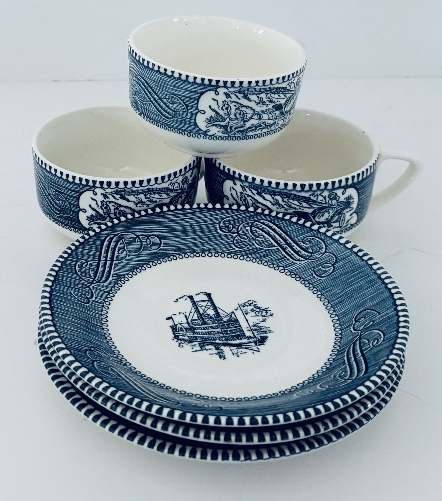 Currier & Ives Blue Royal China Coffee Tea Flat Cups With Saucers Lot of 2 Sets