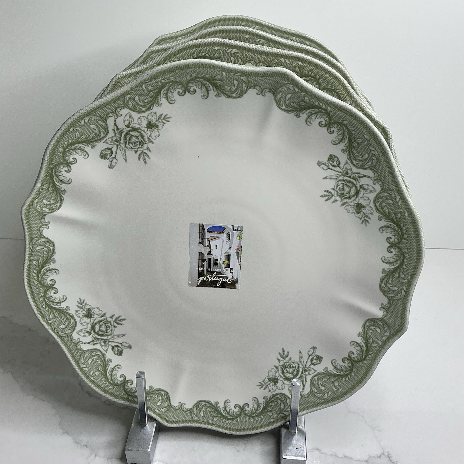 4 Matceramica Stoneware Dinner Plates Green Rose Scalloped 11” Portugal New