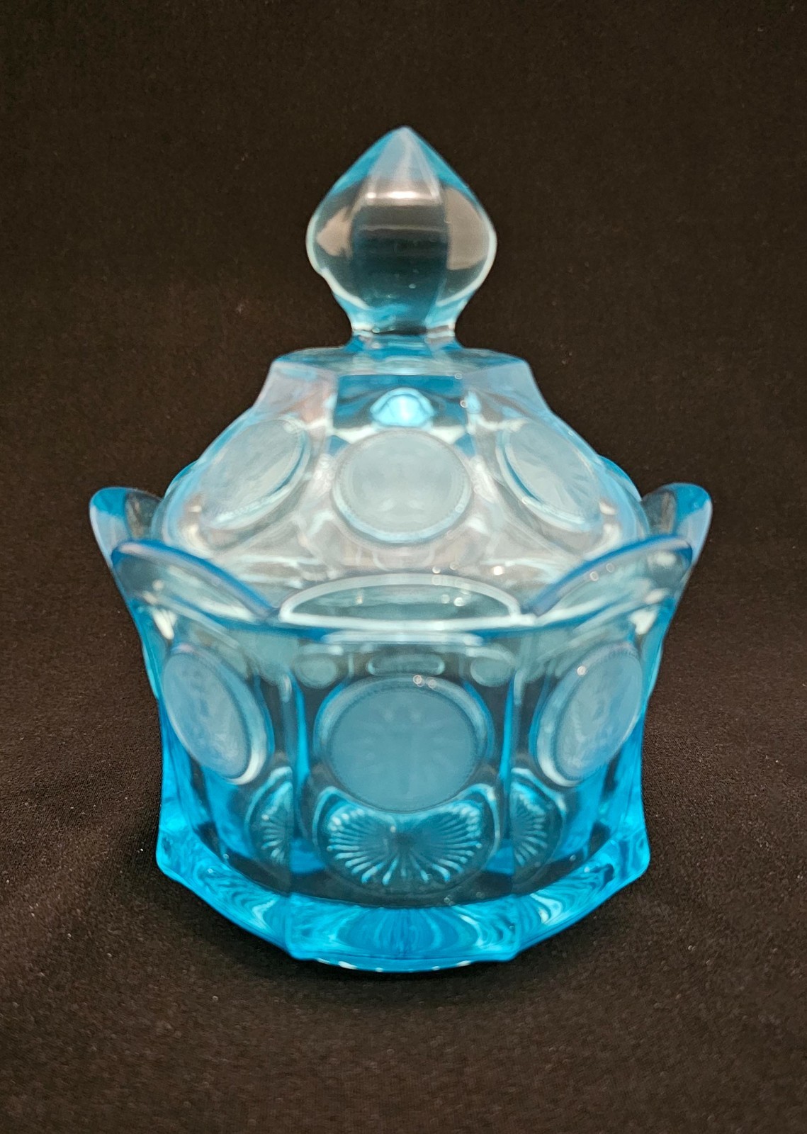 Vintage Fostoria Blue Coin Glass Covered Candy Dish with Lid 5 1/2 inches