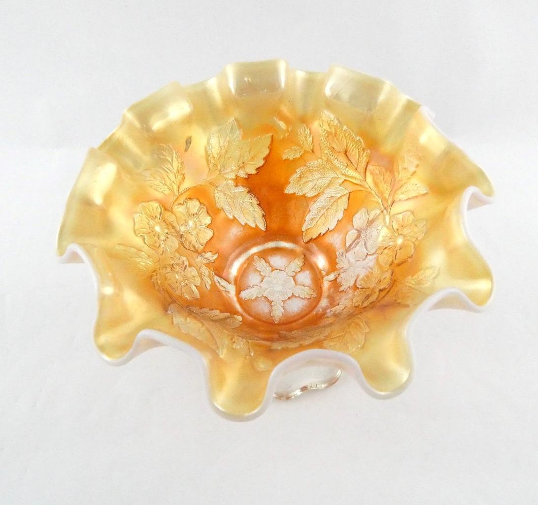 Vintage Dugan Dogwood Sprays Marigold Opalescent Carnival Glass Footed Bowl