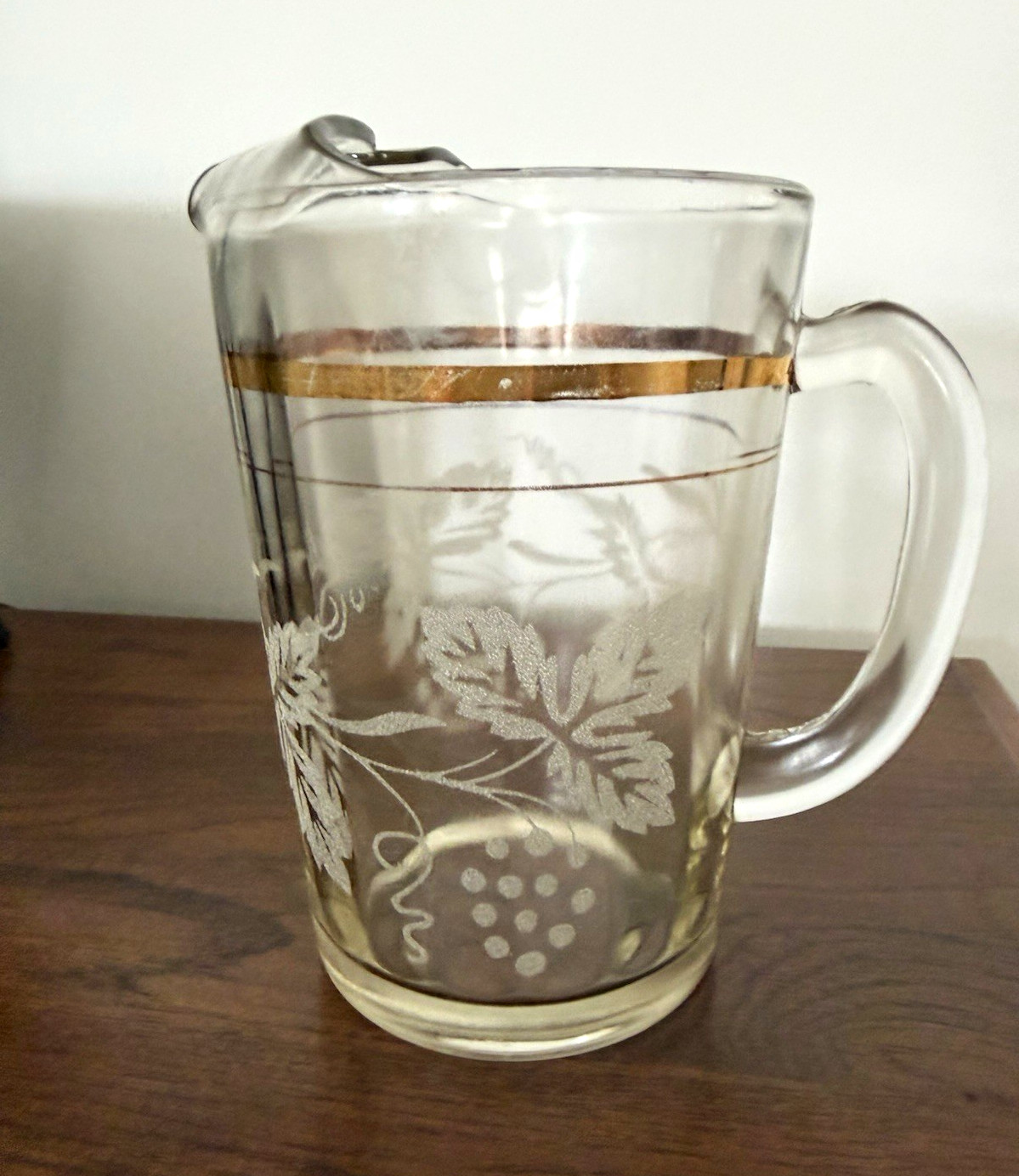 Vintage Bartlet and Collin’s Frosted Grapevine Pattern Pitcher, Gold Trim