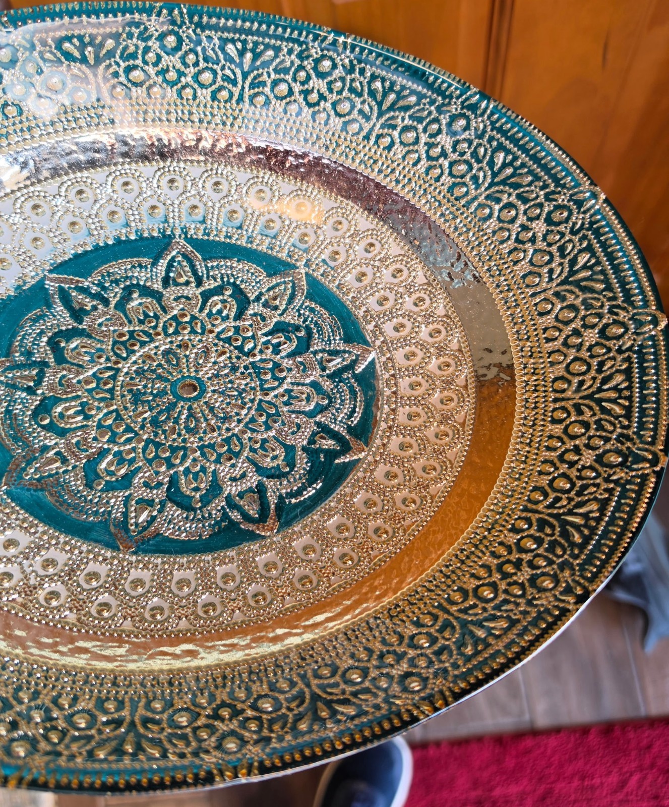 Turkish Glass Round Oval Serving Gold Green 11.5″ X 9″ X 2.5″ Beautifully Made