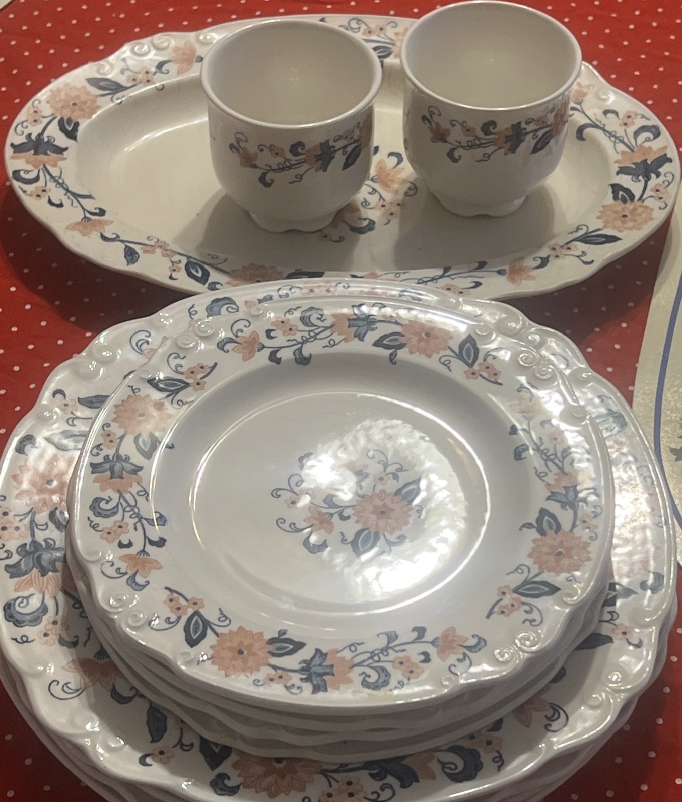 Vintage Nikko Japan Ironstone “Blue vineyard” Peach And Navy Floral Dinner 15 Pc