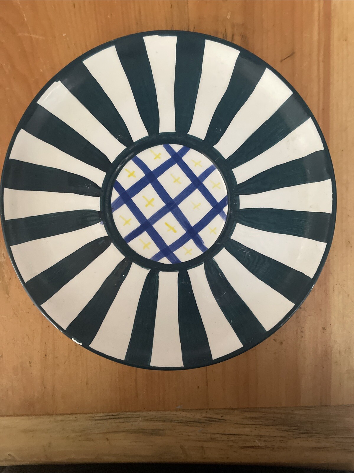 CBK Ltd LLC 1997 Striped Plate Green White Blue Yellow Geometric Hand Painted Sm