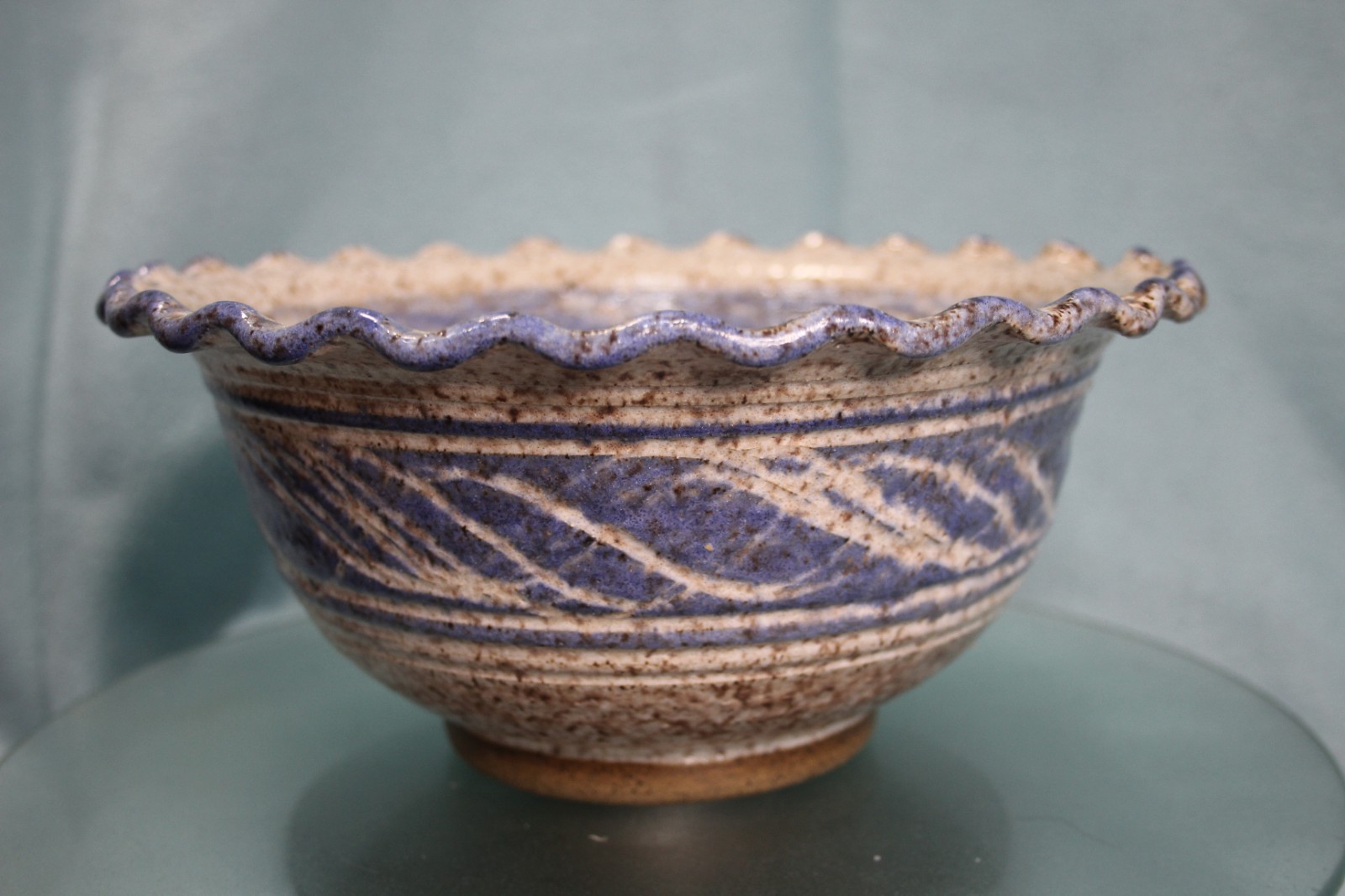 Vintage Studio Art Pottery Salt Glaze Stoneware Bowl Signed Blue Cobalt 9in