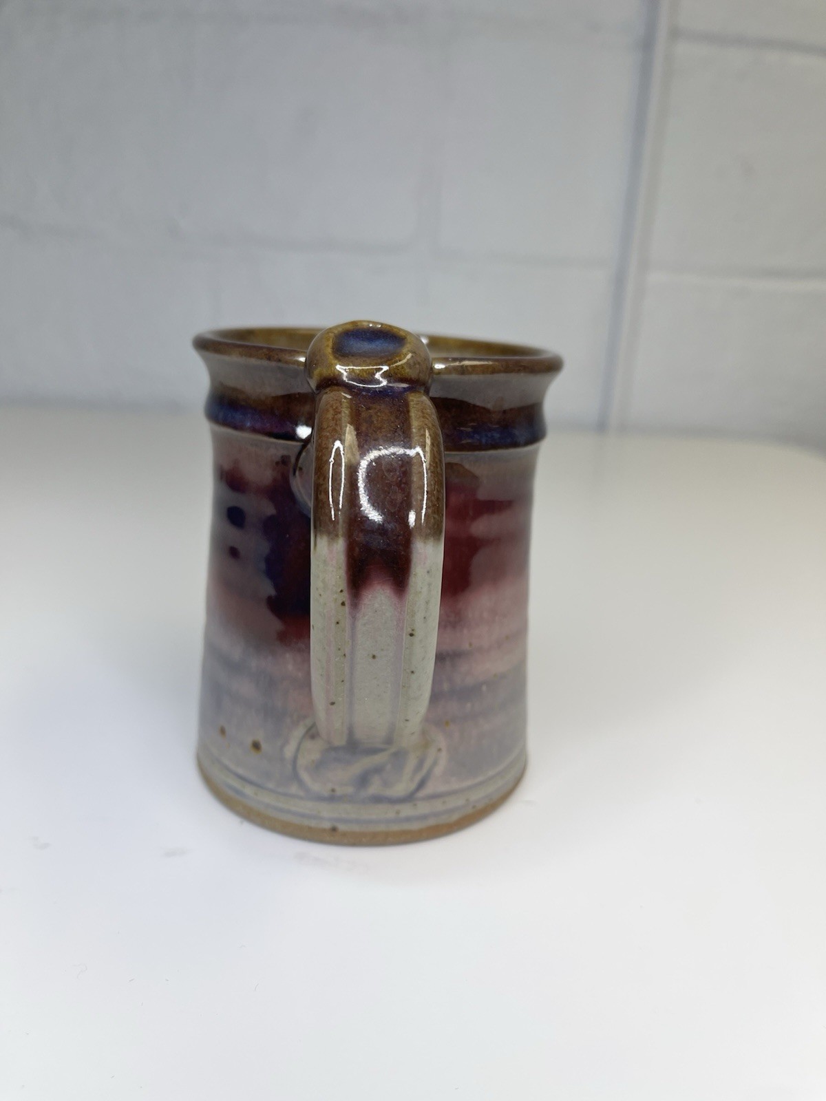 Nichols Pottery Stoneware Mug Variegated Drip Glaze Red Ivory Brown Thumb Rest